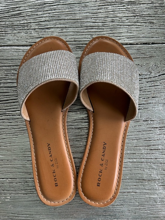 Rock & Candy Shoes - Rock & Candy Silver Sparkle Slide Sandals with Tan Footbed like new